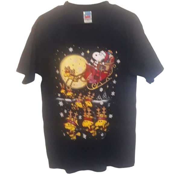 Peanuts by Schulz Black Cotton Santa Snoopy Christmas Short Sleeve Shirt Size M - Picture 1 of 3